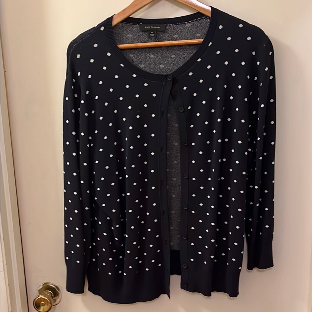 Ann Taylor Navy and White Polka Dot Cardigan Sweater